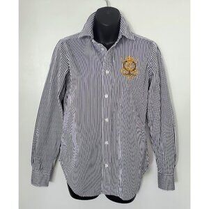 Ralph Lauren Navy White Striped Button Down Shirt Long Sleeve Crest Logo Sz 4